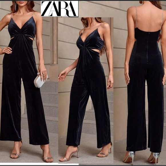 Zara Pants - 🖤 RHINESTONE STRAP VELVET JUMPSUIT